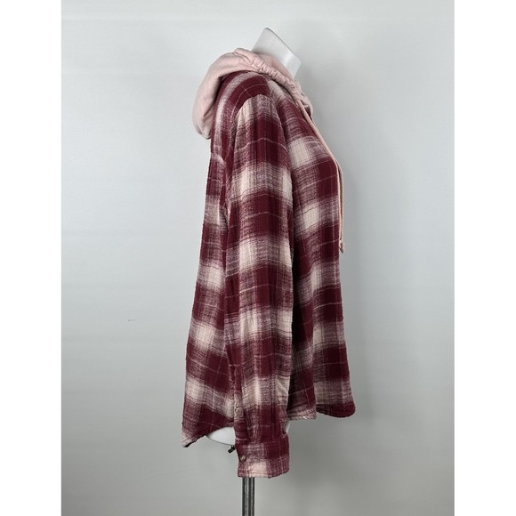 Time and Tru Burgundy & Pink Plaid Flannel Button Up Hoodie Shirt Women's XL - Picture 4 of 10
